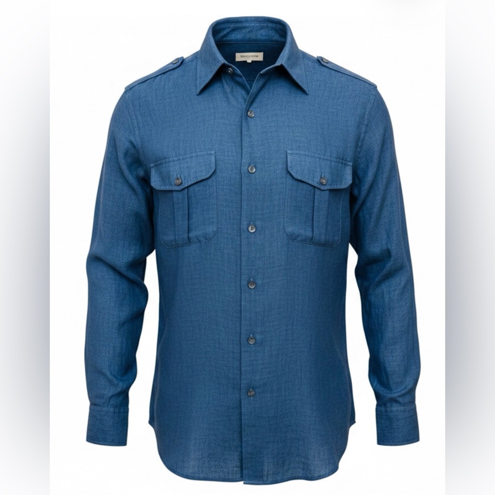 Ermenegildo Zegna Mens Large 100% Linen Blue Safari Utility Button Front Shirt